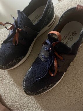 Lora Piana Women’s size 38 Navy Knit Sneakers with Brown Accent Laces